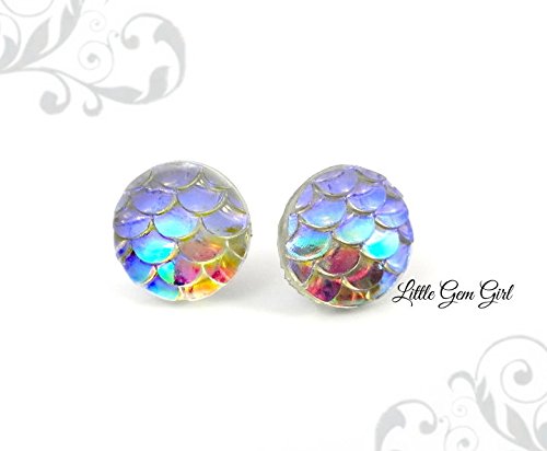 Small Iridescent Color Changing Rainbow Dragon or Mermaid Scale Stud Earrings - 10mm or 12mm w/ Titanium or Surgical Stainless Steel Posts Nickel Free for Sensitive Ears