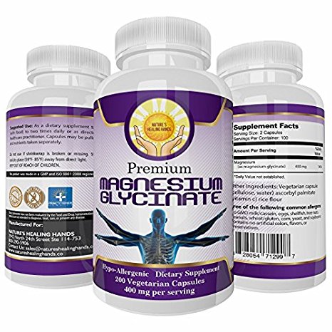 Magnesium Glycinate 400 Mg Per Serving 200 Veggie Capsules Easy To Absorb Easy Digestible High Quality Supports Cells Nerves Muscles Bones No GMO