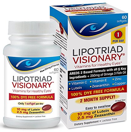 Lipotriad Visionary AREDS2 Based Eye Vitamin and Mineral Supplement - Includes all 6 key ingredients in the AREDS 2 Study - 2 Mo Supply, 1 Per Day, Dye Free, Safe for smokers- 60 Softgels- 2 pack