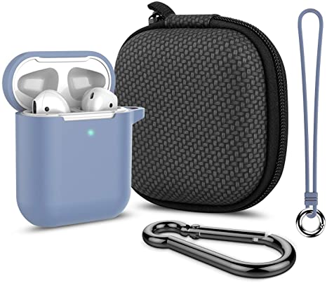 Airpods Case, Music tracker Thicken Protective Airpods 2 Cover Soft Silicone Earbuds Case [Front LED Visible] with Carabiner/Anti-Lost Lanyard/EVA Storage Bag for Apple Airpods Gen 2 (Greyish Blue)
