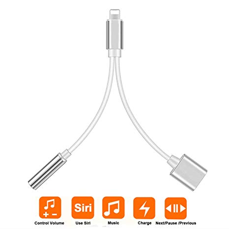 Pritaz Headphone Jack Adapter for iPhone Xs/Xs Max/XR/8/8 Plus/X (10) /7/7Plus, Adapter to 3.5mm Converter Car Charge Accessories & Audio Connector 2 in 1 Earphone Splitter Adapter Cable Dongle -White