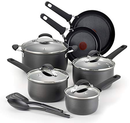 T-fal E817SC Endura Hard Anodized Titanium Nonstick Dishwasher Safe Cookware Set, 12-Piece, Black