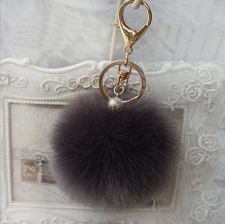 18 K Gold Plated Keychain with Plush Cute Rabbit Fur Ball Keychain for Car Key Ring Handbag Tote Bag 8CM 3.1IN (gray)
