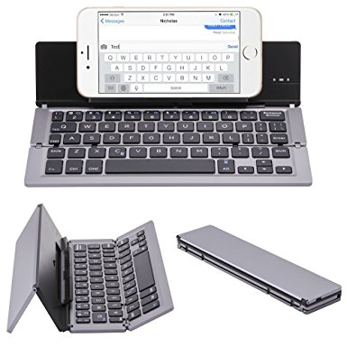NOVT Foldable Wireless Bluetooth Keyboard Aluminum Alloy with Stand for iPhone 7 Plus/7/6s Plus/6/iPad Air 2/Air/iPad Pro/iPad mini 3/mini 2/iPad, Samsung and Android Tablet Smart phones (Grey)