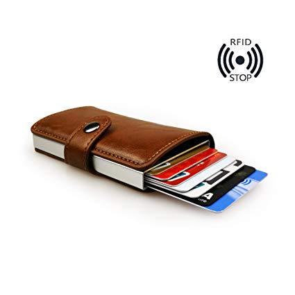 sciuU Credit Card Holder/Business Card Holder, Multi-Purpose Aluminium Alloy Case Wallet Billfold Pockets with Exterior of PU Leather, Can Contain Up to 9 Credit Cards, Brown