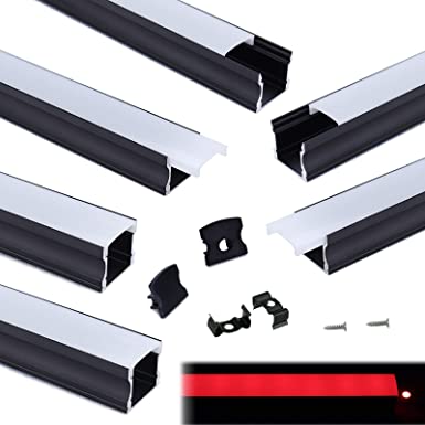 Muzata 6Pack 3.3FT/1M Spotless LED Channel System with Milky White Frosted Diffuser,Black Deep Aluminum Profile Housing Track for Strip Tape Light U101 1M BW,LU2 LN1 LW1