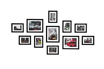 WOOD MEETS COLOR Wall Photo Frames multiple photos, Including White Picture Mats and Installation Instruction, Set of 11 Collage Frames, 3-8x10 Inches, 8-5x7 Inches (Black)