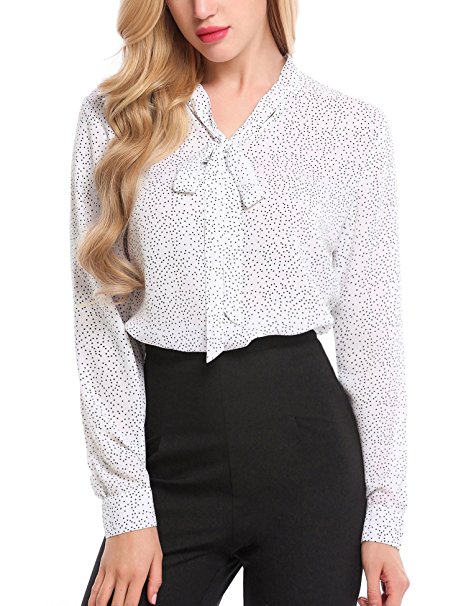 Beyove Women Bow Tie Chiffon Cuffed Sleeve Blouse Polka Dot Button Down Shirt