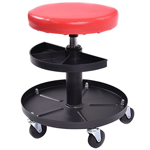 Goplus Adjustable Mechanics Rolling Creeper Seat Stool Pneumatic Chair Tray Padded Repair Shop Garage w/ 300 lbs Capacity