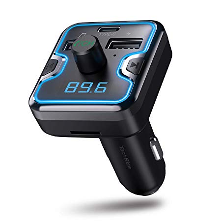 Bluetooth FM Transmitter for Car, TechRise Wireless FM Transmitter Radio Receiver Adapter Car Kit, with Dual USB & Type-C Charging Port, Hands Free Calling, U Disk, TF Card MP3 Music Player