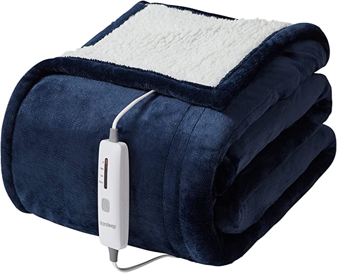 Hansleep Heated Blanket Electric Blanket Throw - Heating Blanket with 4 Heating Levels 4 Hours Auto Off, Super Cozy Machine Washable Sherpa Electric Throw Fast Heating, 50 x 60 Inches, Navy