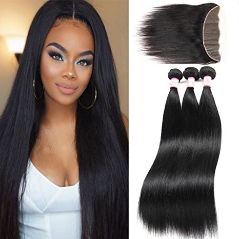 Ms Taj 7A Brazilian Straight Hair 3 Bundles with Lace Frontal Closure, Ear to Ear 13x4" Free Part Bleached Knots Lace Frontal Unprocessed Virgin Human Hair Extensions Natural Color(16 18 20 14)