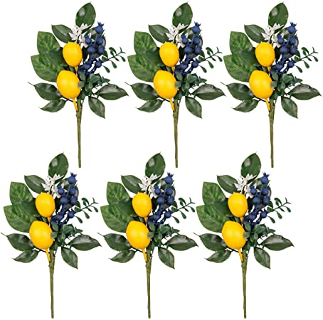 Valery Madelyn 6 Packs Spring Picks with Lemon, Blueberry and Green Leaves, Artificial Floral Picks, Lemon Branches for Home, Summer Fall Autumn Decorations