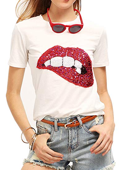 FV RELAY Womens Sequined Glittery Lips Tee Cute Embroidery Tops Funny T Shirts