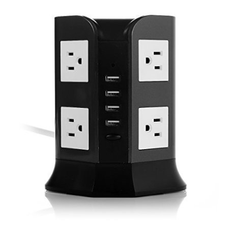 Smart 8-Outlet Home / Office Surge Protector 930 Joules Power Strip 4000W 110-250V Worldwide Voltage Power Socket With 4 USB Outputs for Smartphone & Tablet, Including 6.5 Feet(2.0 Meters) Black Cord