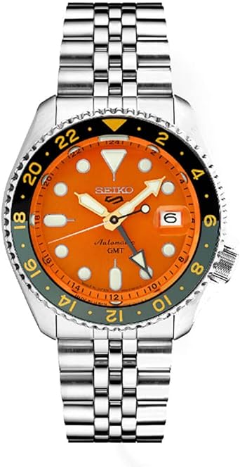 SEIKO SSK005 5 Sports Men's Watch Silver-Tone 42.5mm Stainless Steel, Orange, Orange, Sport