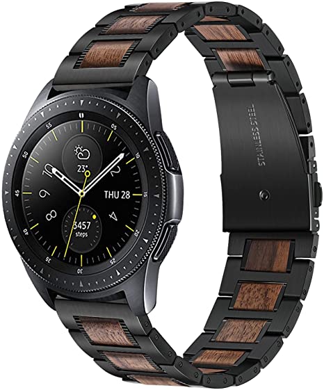 TRUMiRR Band for Samsung Galaxy Watch 42mm / Watch 4 40mm 44mm / Active 2, 20mm Stainless Steel & Walnut Wood Watchband Replacement Strap for Garmin Vivoactive 3 / Venu