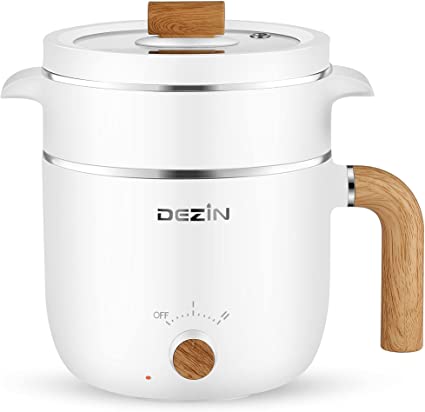 Dezin Electric Hot Pot with Steamer, 1.5L Stainless Steel Ramen Cooker, 2 in 1 Shabu Shabu Hot Pot, Multifunctional Cooker with Overheating Protection for Stew, Noodles (Egg Rack Included)