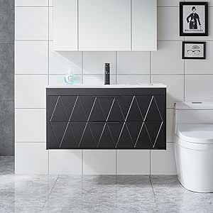 eclife 36" Bathroom Vanities Cabinet with Sink Combo, Wall Mounted Floating Cabient W/Decor Line, Soft-Close System, 2 Extra Big Drawers, Matte Black Faucet, Black