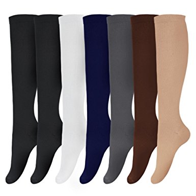 7 Pairs of Upgraded Knee High Graduated Compression Socks For Women and Men - Best Medical, Nursing, Travel & Flight Socks - Running & Fitness - 15-20mmHg