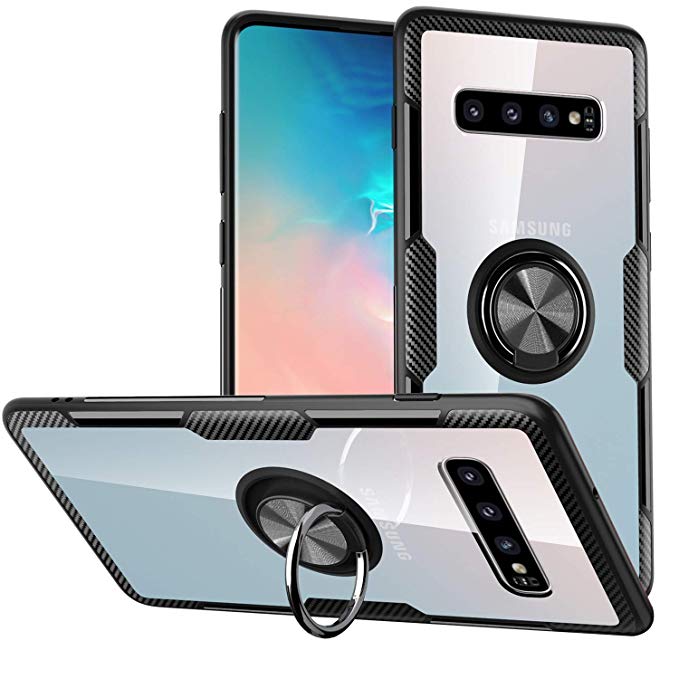 Galaxy S10E Case,SQMCase Crystal Clear Carbon Fiber Design Armor Protective Case with 360 Degree Rotation Finger Ring Grip Holder Kickstand [Work with Magnetic Car Mount] for Galaxy S10E,Black