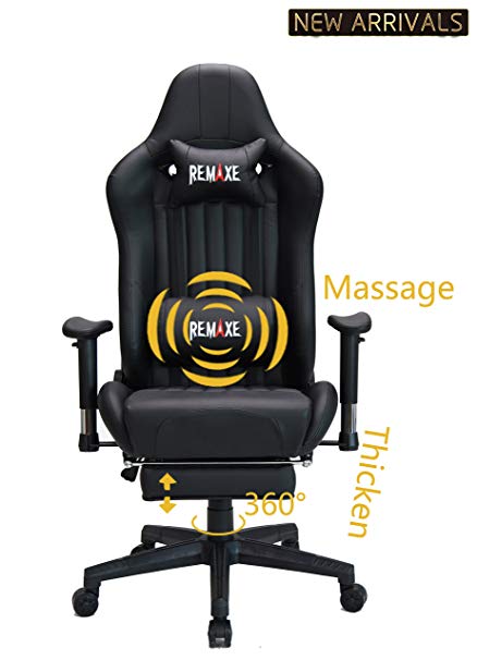 Large Size Computer Gaming Chair Ergomonic Racing Chair with Retractable Footrest,Execultive PU Leather Headrest Lumbar Massager Cushion Ergonomic Swivel PC Chair for Home (Black)