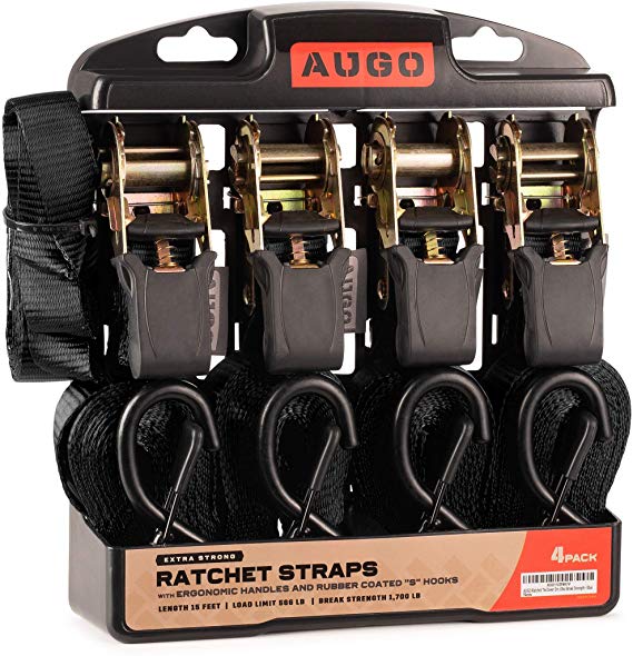 AUGO Extra Strong Ratchet Straps & Soft Loops – Pack of [4] 1” by 15’ Ratchet Straps w/S-Hook Safety Latches & [4] Soft Loop Tie Downs – 1700Lb Break Strength for Furniture, TVs, Surfboards, Etc.