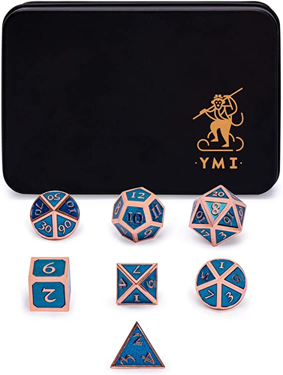 Yellow Mountain Imports Collector's 7 Rose Gold on Blue Metal Dice Set with Storage Case, Arabasque - D4, D6, D8, D10 (0-9 and 00-90), D12, and D20