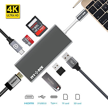 USB C Hub, IVYOCK USB-C Adapter with Type C Charging Port, 4K HDMI Output, SD / Micro SD Card Reader, 3 USB 3.0 Ports for MacBook,Pixelbook,HP Spectre and more Type-C Devices - Space Gray
