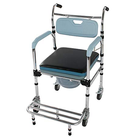 Mefeir Folding Commode Chair for Toilet with Wheels&Pedal,Heavy Duty 350 LBS,4 in 1 Multifunctional Portable Bidet Chair Shower Bath Chair for Elder Disabled People Pregnant Women(Light Blue)