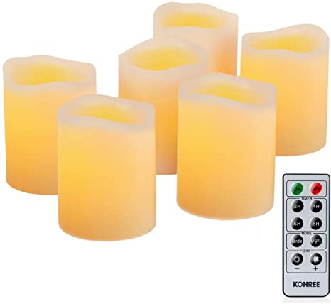 Kohree Real Wax Flameless LED Candles Remote Control Candles Battery Operated Retro Unscented Ivory Votive Pillar Candles Light (Pack of 6)