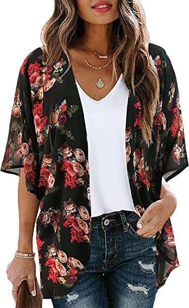 Women's Floral Print Puff Sleeve Kimono Cardigan Loose Cover Up Casual Blouse Tops