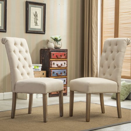 Roundhill Furniture Habit Solid Wood Tufted Parsons Dining Chair, Tan, Set of 2