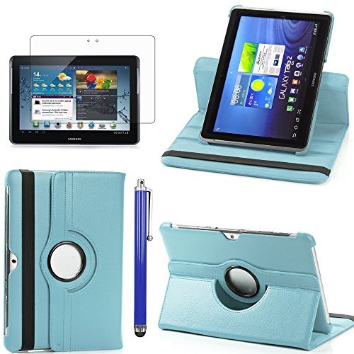 Perfect Technology(TM)360 Rotating Case Cover PU Folio Leather Stand Case For Samsung Galaxy Tab 2 10.1 P5100 P7510 Auto Sleep/Wake Tablet With Screen Protector and Stylus(skyblue)