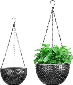 Foraineam Dual-Pot Self-Watering Hanging Planters, Black, 2 Pack, Indoor/Outdoor, Rattan Design, 10.2in and 8.2in