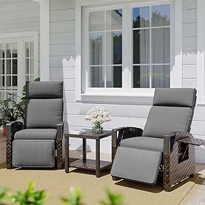 Grand patio Outdoor Recliner with Coffee Table 3-Piece Set 150° Lay Flat with Independent Adjustable Back and Footrest Removable Olefin Cushion Flip-Up Table Wicker, Grey 3PCS