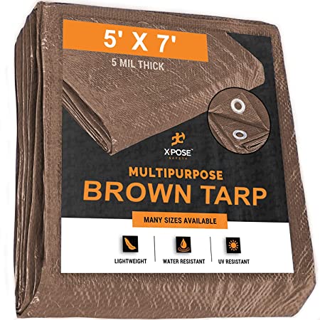 Multipurpose Protective Cover Brown Poly Tarp 5' x 7' - Durable, Water Resistant, Weather Resistant - 5 Mil Thick Polyethylene - by Xpose Safety