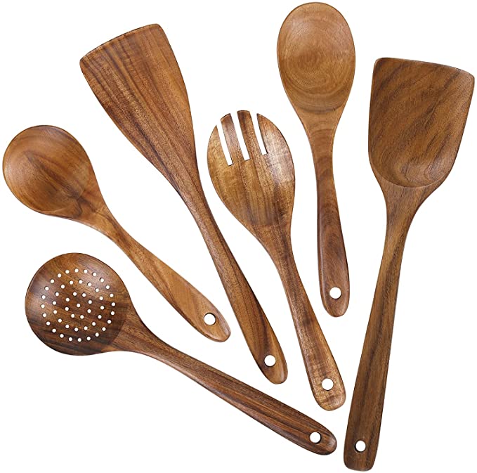 Wooden Kitchen Utensils set,Wooden Spoons for cooking Natural Teak Wood Kitchen Spatula Set for Cooking including Spoon Ladle Fork Non-stick Pan Kitchen Tool (6)