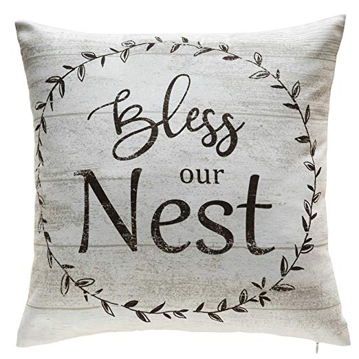 TINA'S HOME 18x18 inches Off White Quote Farmhouse Cotton Pillow Covers - Bless Our NEST