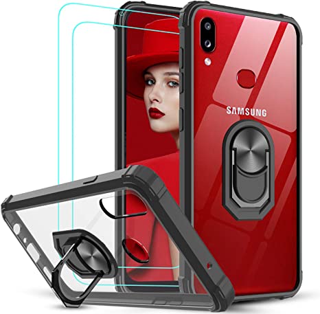 LeYi Case for Samsung A10s Phone Case with Tempered Glass Screen Protector (2 Pack), Crystal Clear Ring Holder Military Air Cushion Shockproof Silicone Hard Phone Cover for Samsung Galaxy A10s Black