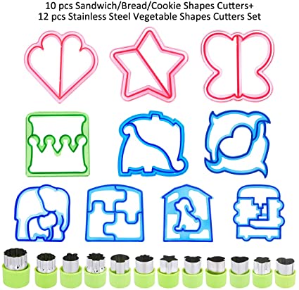 Sandwich Cutter Shapes Bread Cutter Shapes Cookie Cutters Stainless Steel DIY Vegetable Cutters for Kids, Mould for Kids Cookie with Butterfly, Dinosaur, Dog, Elephant, Heart (22 pcs)