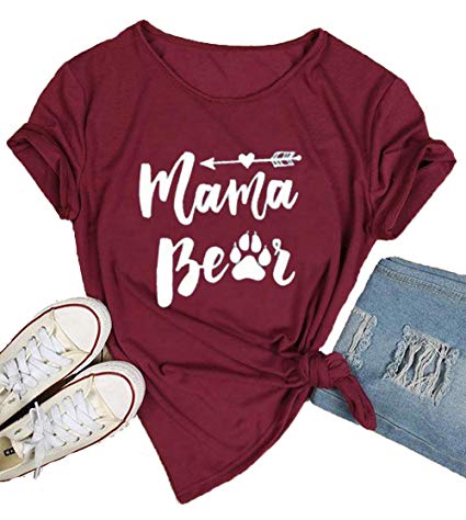 LAMOSKY Womens Short Sleeve O Neck Summer Mama Bear Print Pullover Tops T Shirts