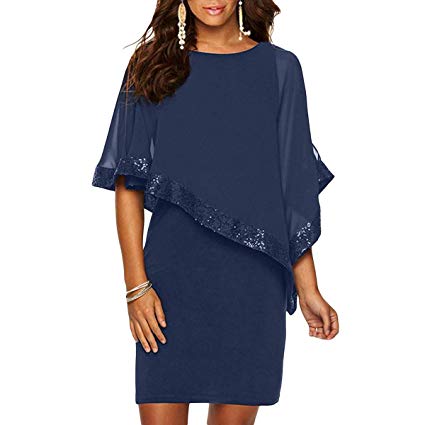 Alaster Queen Sequined Overlay Party Dress Chiffon Poncho Slit Sleeve Pencil Cocktail Mini Dress