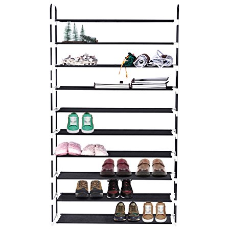 10 Tiers Shoe Rack, MaidMAX 10-Shelf Metal Frame Nonwoven Space Saving Shoe Tower Cabinet Free Standing Storage Organizer Shelf for 50 Pairs of Shoes, Black, 39.4×11.4×68.9''