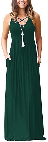 EZBELLE Women's Sleeveless Racerback Maxi Dresses with Pockets Plain Loose Long Dresses