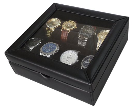 Sodynee Deluxe Black Faux Leather Watch Display Case For 8 Watches Clear Glass Top