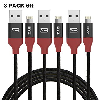 Lightning Cable BYZ iPhone Charger Nylon Braided USB cable for iPhone 7 Plus 7 6S Plus 6 Plus SE 5S 5C 5, iPad 2 3 4 Mini, iPad Pro Air, iPod- 6ft/1.8m Black