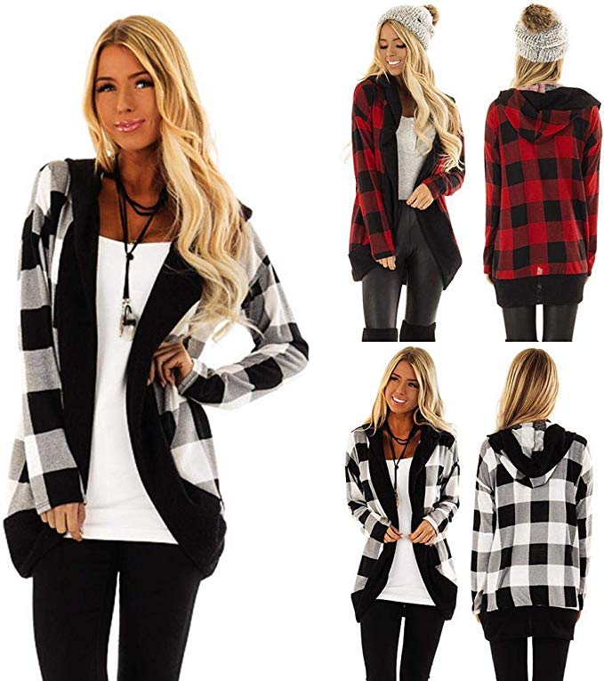 FANALA Women Casual Front Open Long Sleeve Plaids Outwear Casual Jackets