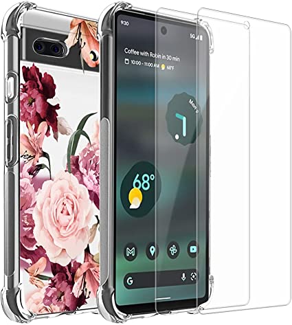 Google Pixel 6A Case (2022), Topnow Design with Shockproof Corner and Exquisite Pattern Case, with 2 Pack Tempered Glass Screen Protector, Slim TPU Protective Cover for Pixel 6a-Roses Cluster
