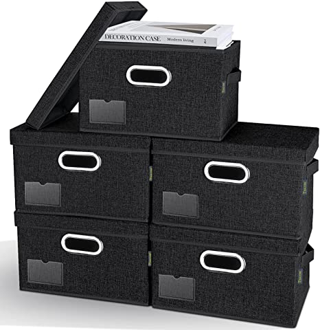 BALEINE Storage Bins with Lids (5 Pack Black Medium), Foldable Linen Fabric Storage Boxes with Lids, Collapsible Closet Organizer Containers with Cover for Home Bedroom Office